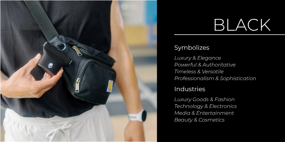 A black sling bag worn at the waist, branded merchandise conveying blacks luxurious, authoritative image