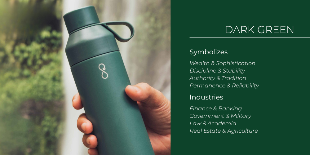 A dark green engraved water bottle held against a forest backdrop, branded products conveying wealth and authority