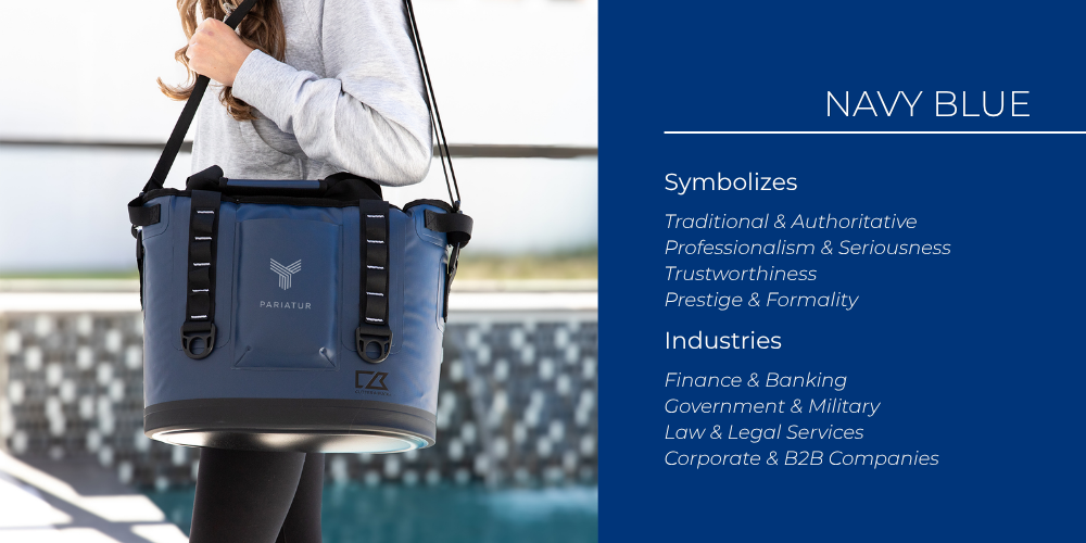 A navy blue logo cooler bag carried poolside, a giveaway item reflecting navys professional, trustworthy tone