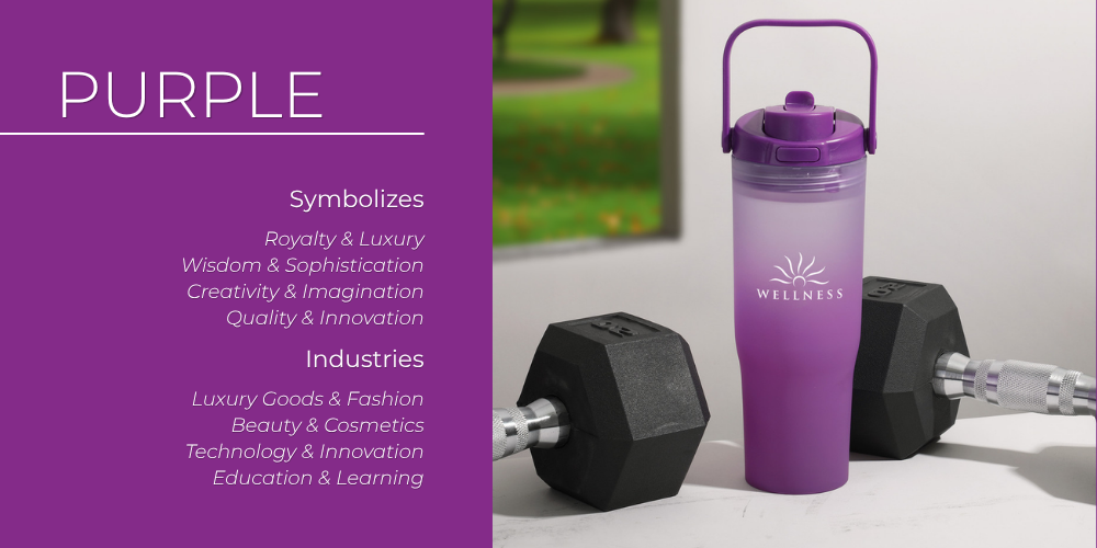 A purple shaker bottle staged next to dumbbells, branded merch capturing purples luxurious, creative energy