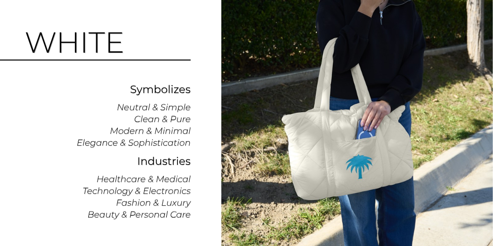 A quilted white tote bag with custom logo, branded products reflecting whites clean, minimalist appeal