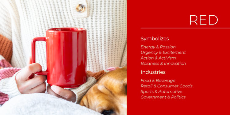 A red logo mug cradled while cuddling a dog — a promotional item that captures reds energetic, passionate brand appeal