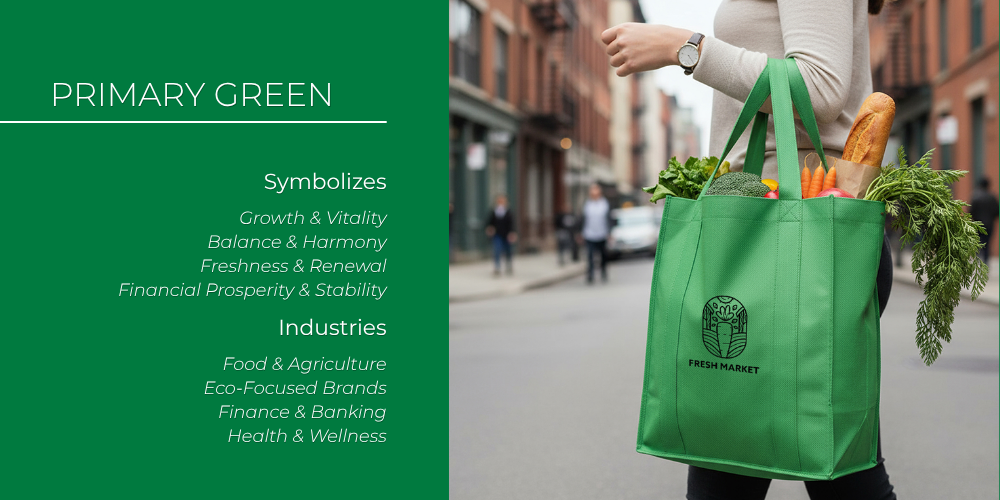 A shopper carrying a primary green logo tote bag full of groceries — custom merch that reflects greens growth and vitality symbolism