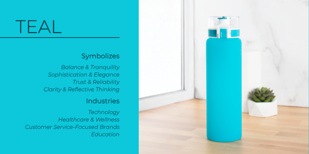 A teal water bottle displayed indoors, a promotional product illustrating teals balanced, trustworthy brand image