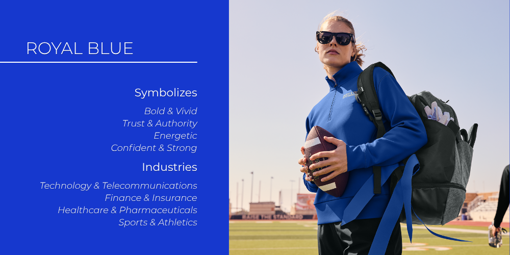 An athlete in a royal blue quarter-zip carrying a matching backpack, branded merchandise conveying boldness and confidence