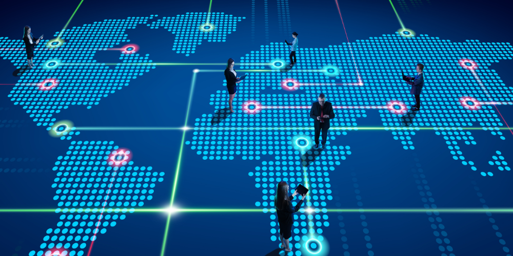 Global network of users connected across a digital world map
