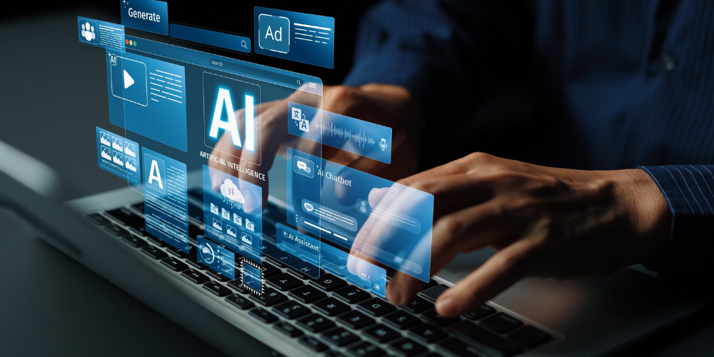 Hands typing on a laptop beneath a holographic AI search interface with chatbot, assistant, and generate panels