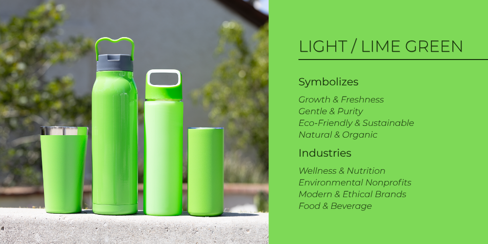 Lime green tumblers and water bottles lined up as branded merchandise, demonstrating this shades fresh, eco-conscious appeal