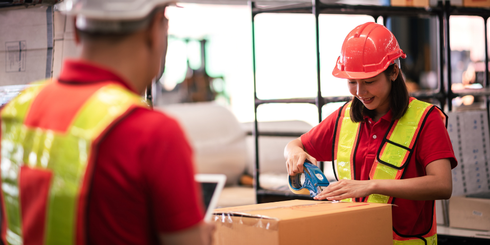 Two warehouse workers in red shirts and safety vests taping and packing a cardboard shipping box in a distribution center