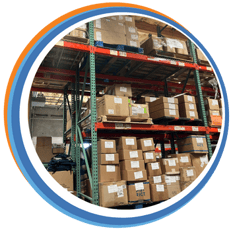 warehouse rack of shipping boxes filled with marketing collateral