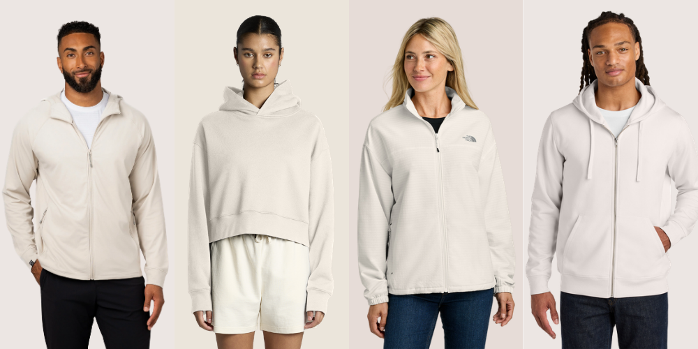 corporate apparel pieces in cloud dancer colors