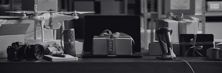 desk filled with corporate gifts