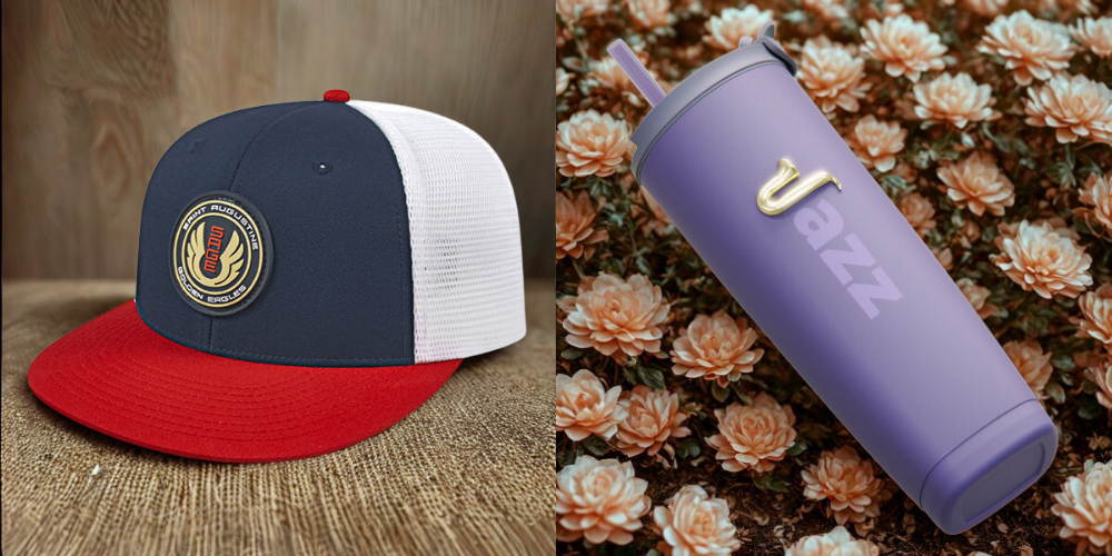 rubber patches on hat giveaways and metal decals on promotional tumblers