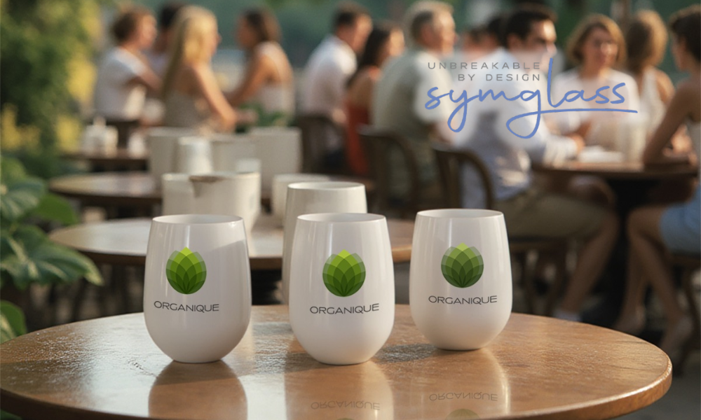 symglass synthetic glass drinkware with company logo